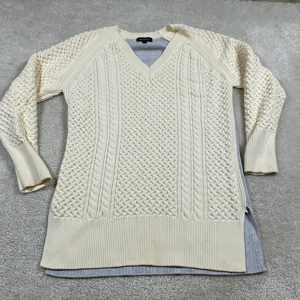 Banana Republic Sweater Womens L V-Neck Cable Knit Cream Grey Cabincore